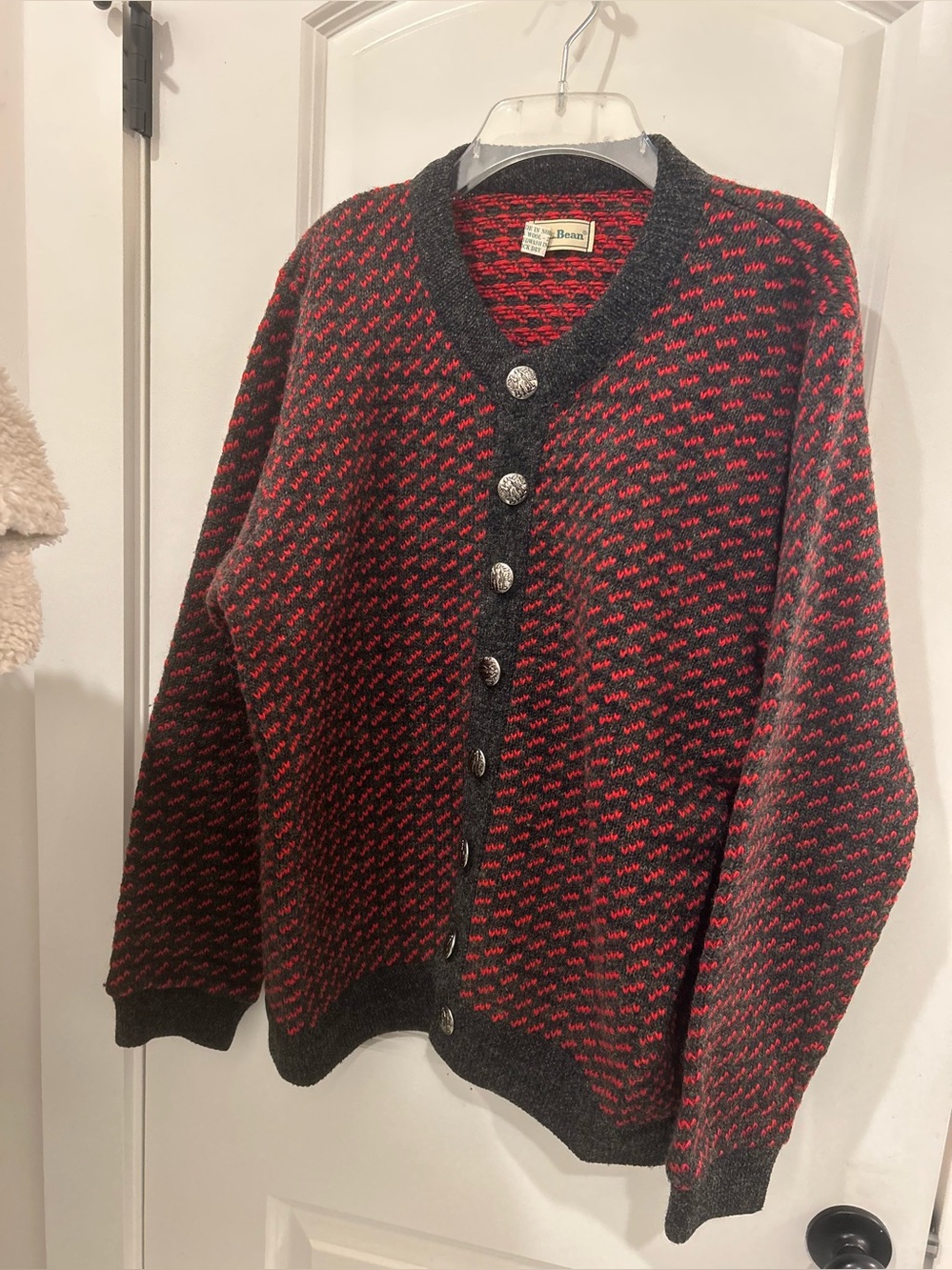 L.L. Bean Black and Red Patterned Wool Cardigan